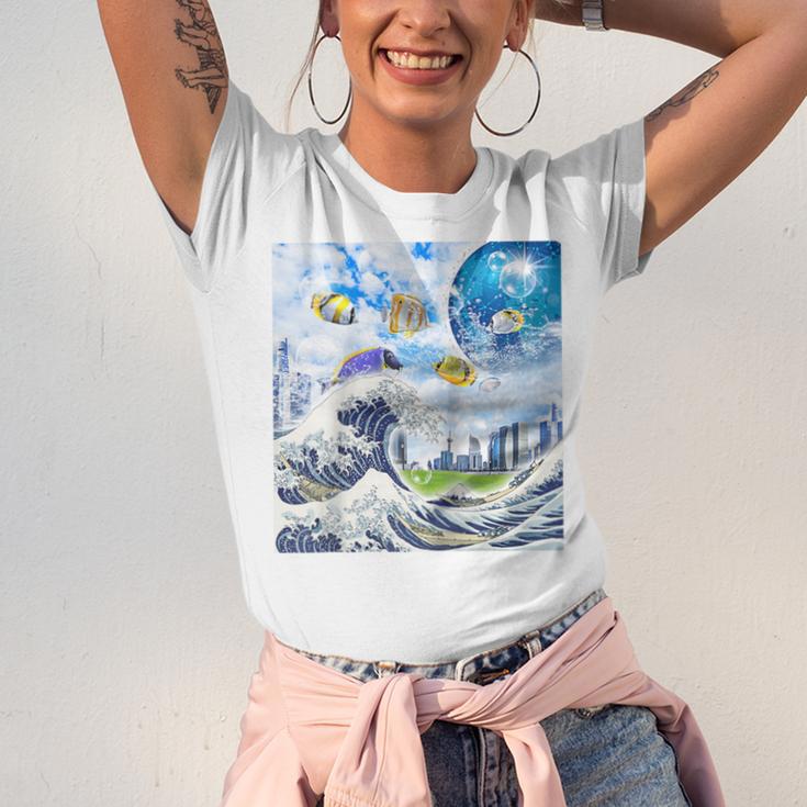 Frutiger Aero Aesthetic Tech Great Wave Of Kanagawa Fishes Raglan Baseball Tee Unisex Jersey T-Shirt Frutiger Aero Aesthetic Tech Great Wave Of Kanagawa Fishes Raglan Baseball Tee Unisex Jersey T-Shirt