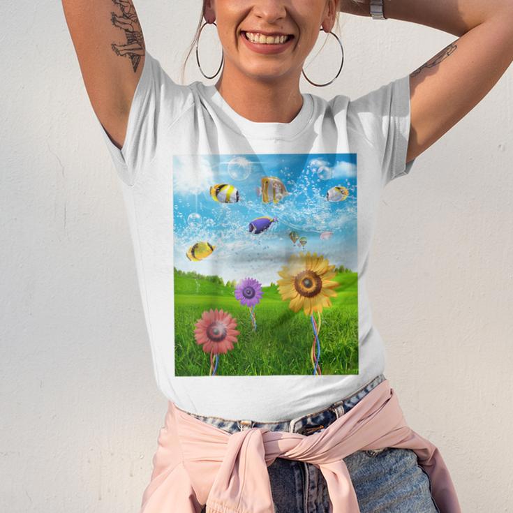 Frutiger Aero Aesthetic Tech Scenery Fishes Sunflower Raglan Baseball Tee Unisex Jersey T-Shirt