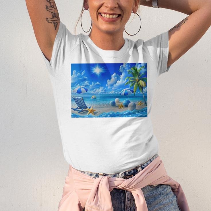 Frutiger Aero Beach Y2k Aesthetic Palm Tree Sand Ocean Premium Unisex Jersey T-Shirt