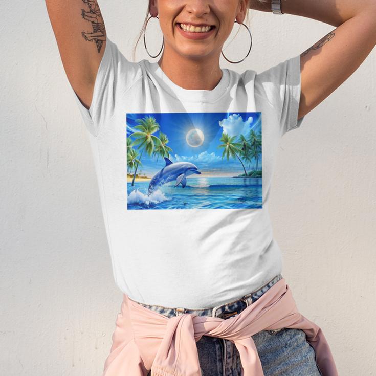 Frutiger Aero Dolphin Sunset Ocean With Palm Trees Y2k Premium Unisex Jersey T-Shirt