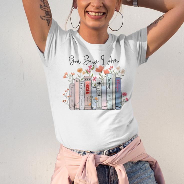 God Says I Am Book Bible Verse Christian Girls Women Unisex Jersey T-Shirt