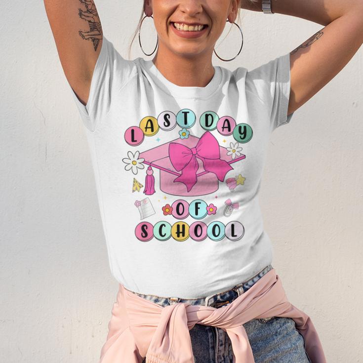 Happy Last Day Of School Coquette Bow Graduation Girls Kids Unisex Jersey T-Shirt