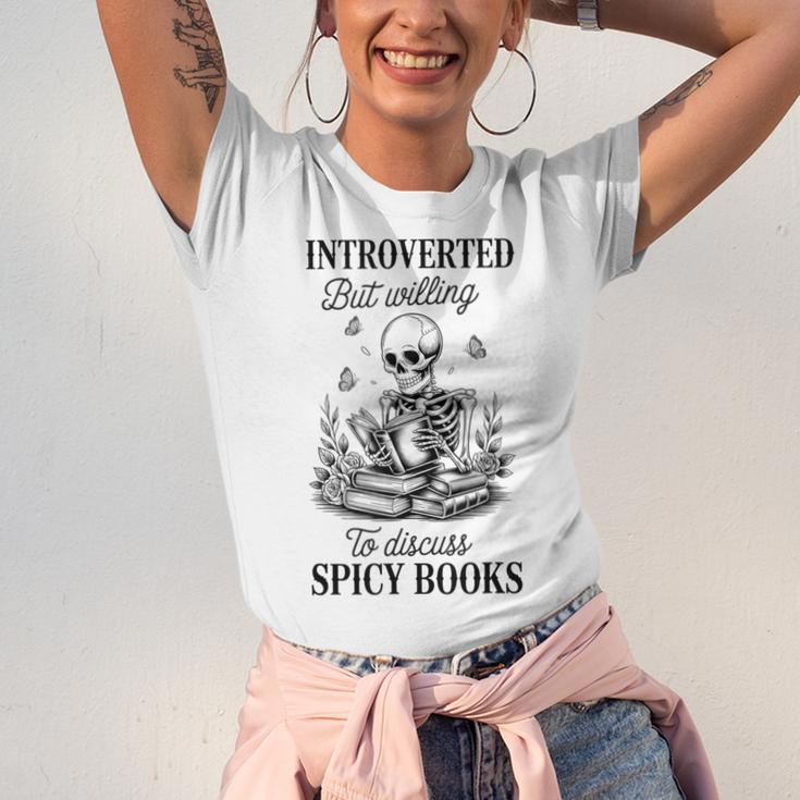 Introvert Read Spicy Books Lover Bookworm Skeleton Reading Unisex Jersey T-Shirt