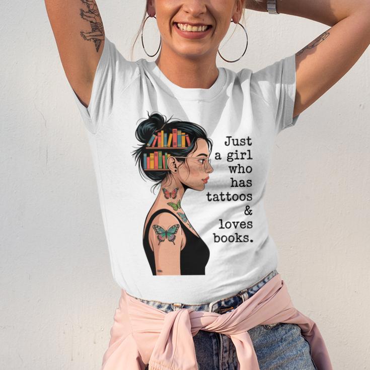 Just a Girl Who Has Tattoos And Love Books Tattooed Inked Unisex Jersey T-Shirt