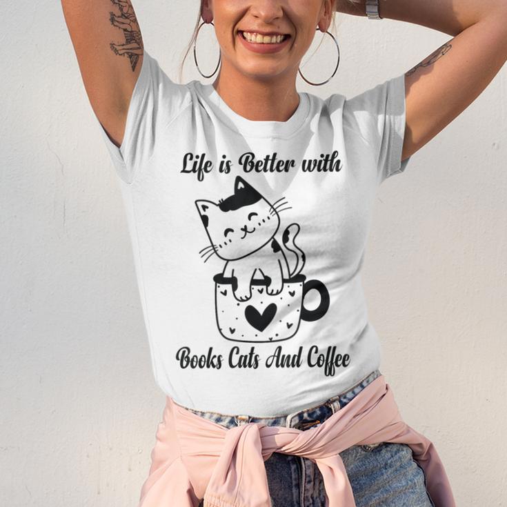 Life Is Better With Books Cats And Coffee Shirt Unisex Jersey T-Shirt