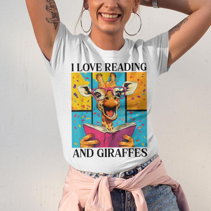 Love Reading And Giraffes Cute Giraffe Reading Book Lovers Unisex Jersey T-Shirt