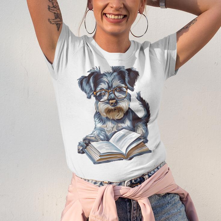 Nerdy Schnauzer Dog Book Lover Glasses Cute Pet For Men Women Kids Unisex Jersey T-Shirt