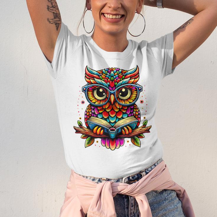 Owl With Glasses And Book Reading Unisex Jersey T-Shirt Owl With Glasses And Book Reading Unisex Jersey T-Shirt