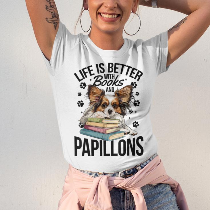 Papillon Dog Breed Life Is Better With Books And Papillons Unisex Jersey T-Shirt Papillon Dog Breed Life Is Better With Books And Papillons Unisex Jersey T-Shirt