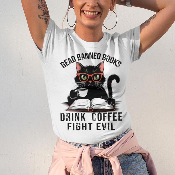 Read Banned Books Drink Coffee Fight Evil Retro Cat Unisex Jersey T-Shirt