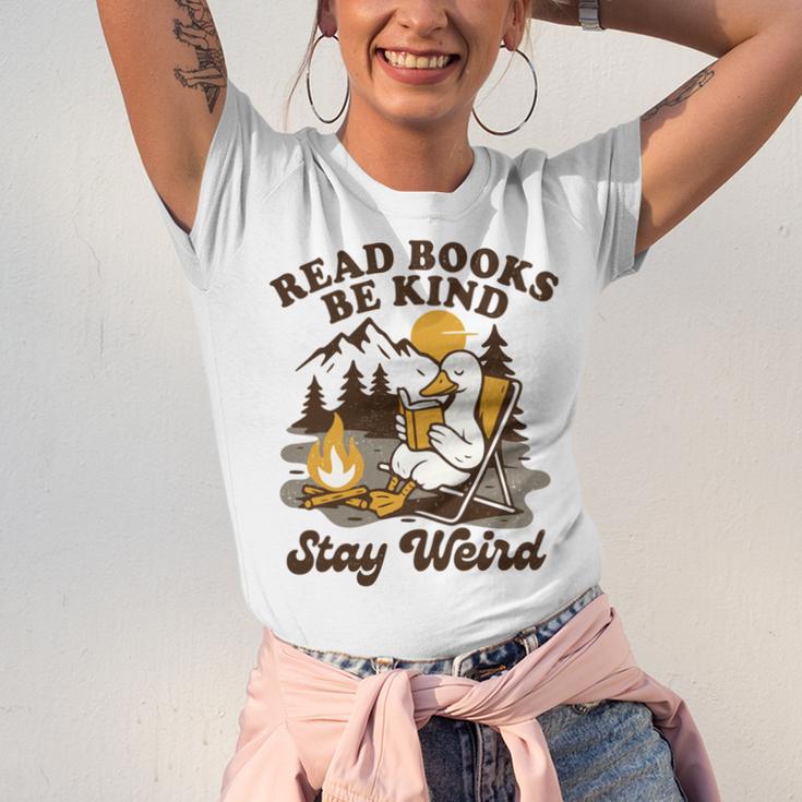 Read Books Be Kind Stay Weird Bookish Silly Goose Reading Unisex Jersey T-Shirt