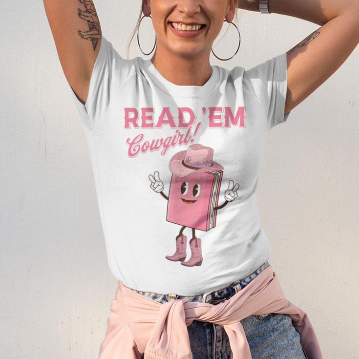 Read 'Em Western Cowgirl Retro Groovy Reading Books Unisex Jersey T-Shirt Read 'Em Western Cowgirl Retro Groovy Reading Books Unisex Jersey T-Shirt