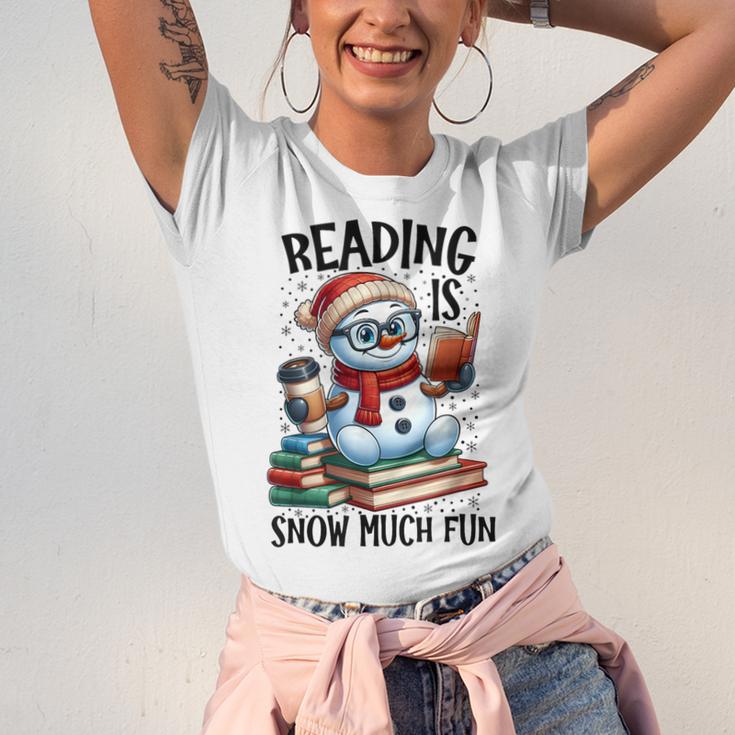 Reading Is Snow Much Fun Christmas Bookworm Snowman Reading Unisex Jersey T-Shirt