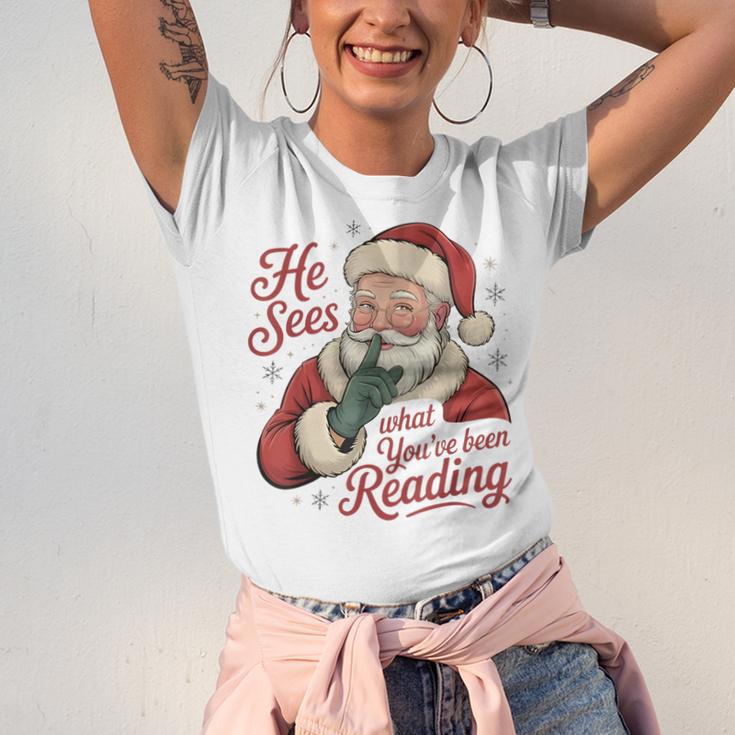 He Sees What You'Ve Been Reading Bookish Christmas Humor Unisex Jersey T-Shirt He Sees What You'Ve Been Reading Bookish Christmas Humor Unisex Jersey T-Shirt