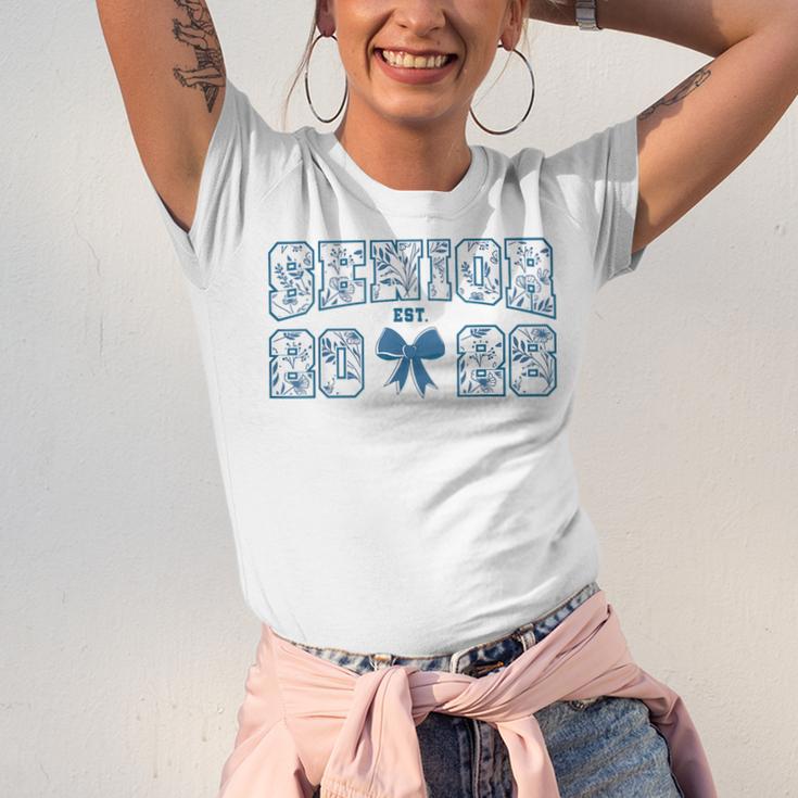 Senior 26 Graduation Class Of 2026 Bow Blue Toile Floral Unisex Jersey T-Shirt