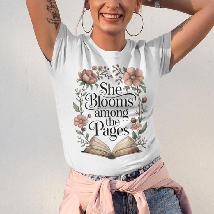 She Blooms Among The Pages Women Mom Wife Floral Book Lover Unisex Jersey T-Shirt