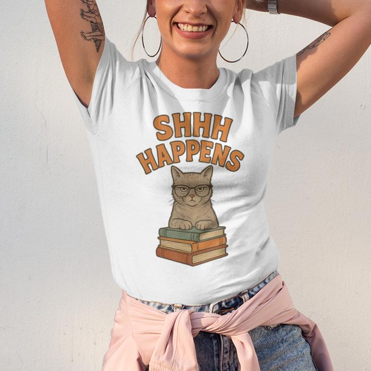 SHHH Happens Librarian Cat Books Library Unisex Jersey T-Shirt