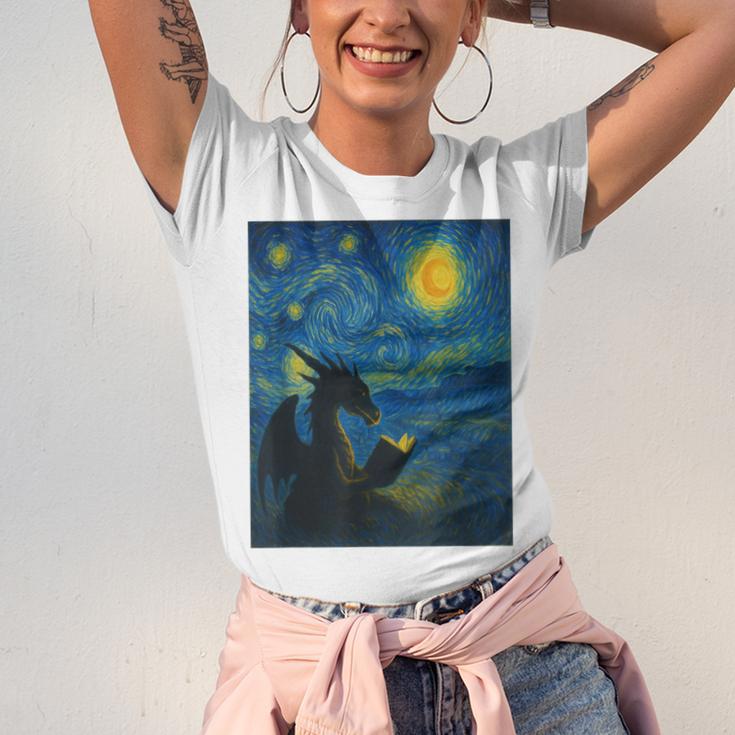 Van Gogh Starry Night Fantasy Reader Dragon Reading Book Unisex Jersey T-Shirt