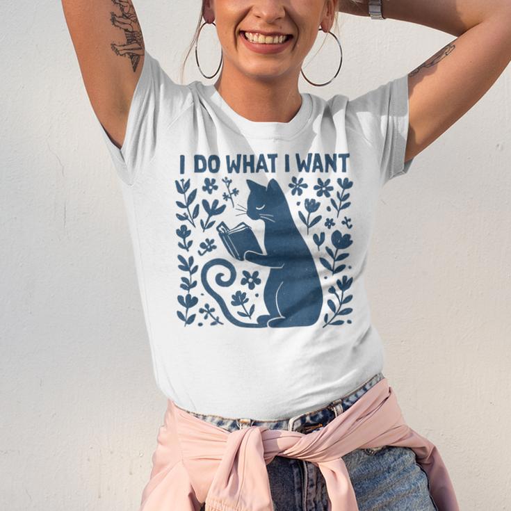 I Do What I Want Cat Reading Book Boho Flowers Vintage Unisex Jersey T-Shirt