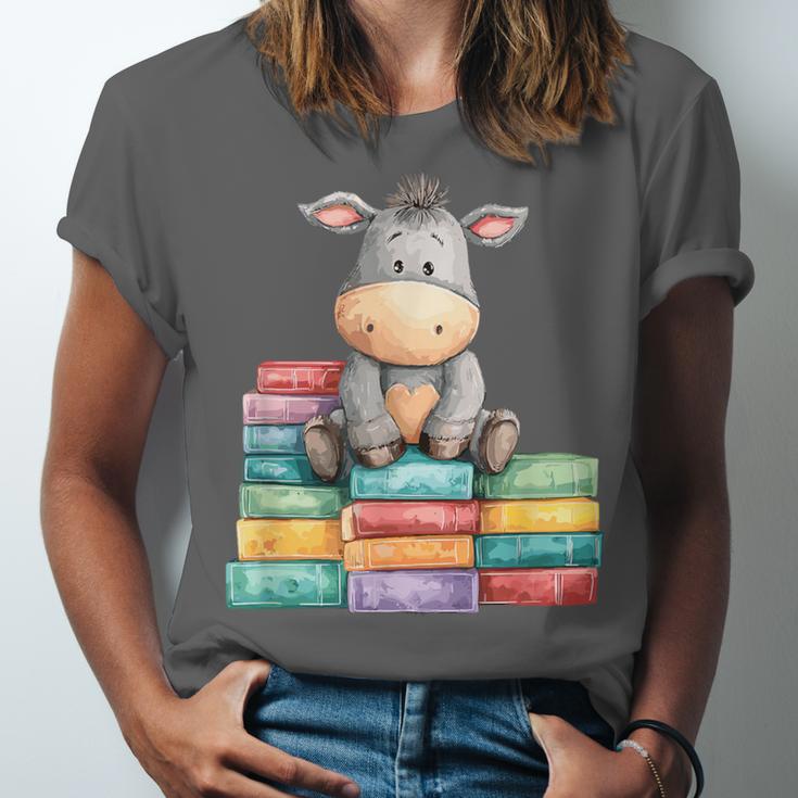 Adorable Donkey With Heart Sitting On Colorful Book Stack Unisex Jersey T-Shirt