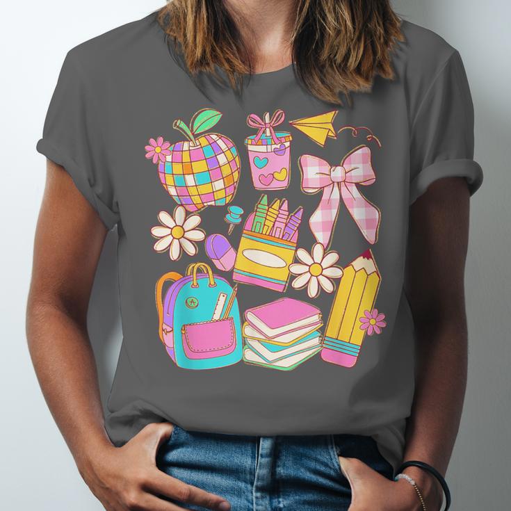 Apple Disco Pencil Books Bow Teacher Student Back To School Unisex Jersey T-Shirt