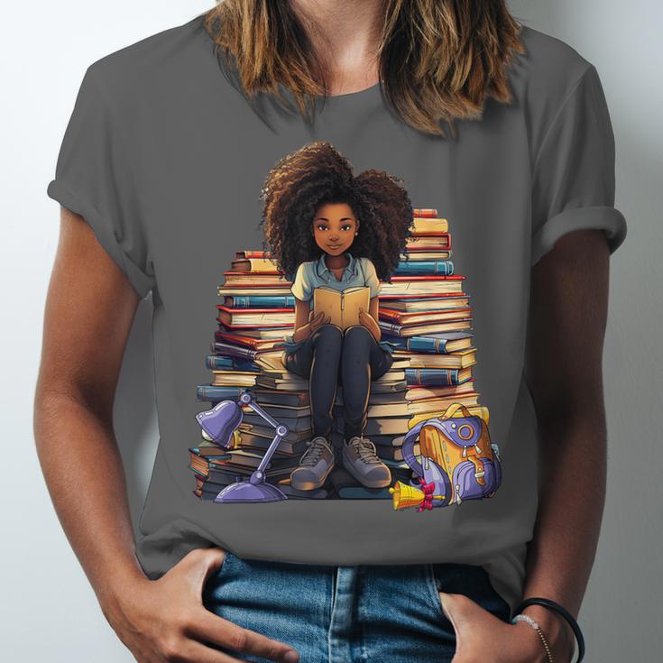 Back To School Afro Melanin Girl Reading Book Bookworm Unisex Jersey T-Shirt
