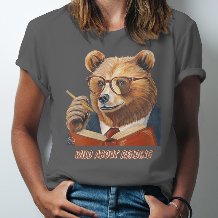 Bear Reading Book Glasses Library Zoo Teacher School Animal Unisex Jersey T-Shirt