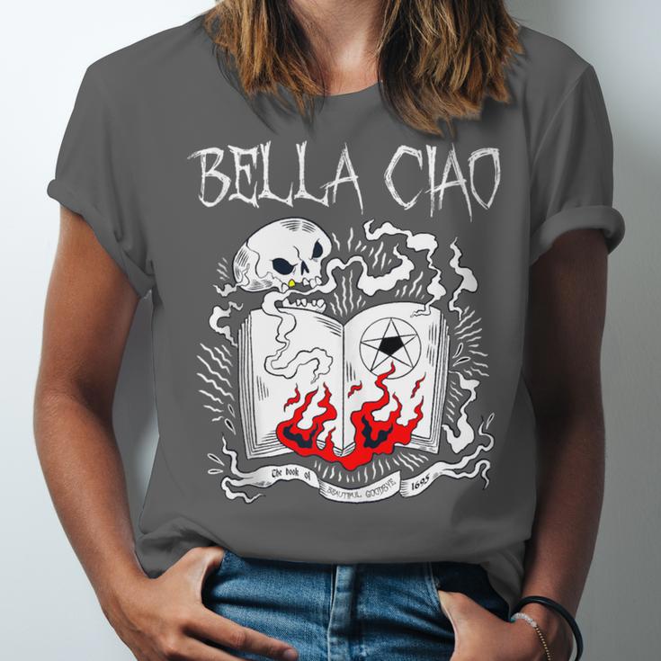 Bella Ciao Goodbye Beautiful Skull Book Of Dark Magic Occult Unisex Jersey T-Shirt Bella Ciao Goodbye Beautiful Skull Book Of Dark Magic Occult Unisex Jersey T-Shirt