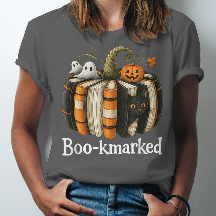 Boo-Kmarked Fall Pumpkin Books Halloween Teacher Teaching Unisex Jersey T-Shirt