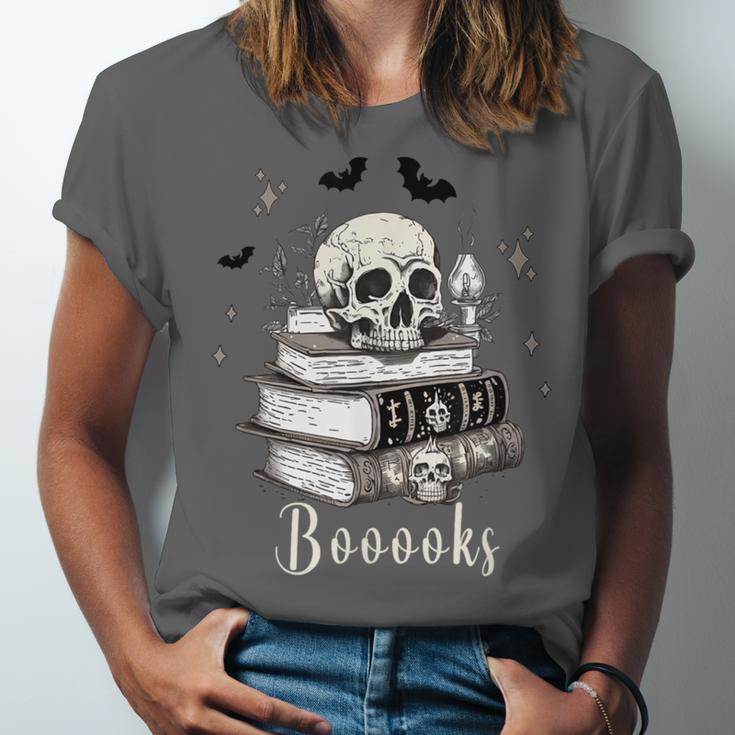 Boo Skeleton Skull Books Halloween Women School Teacher Kid Unisex Jersey T-Shirt