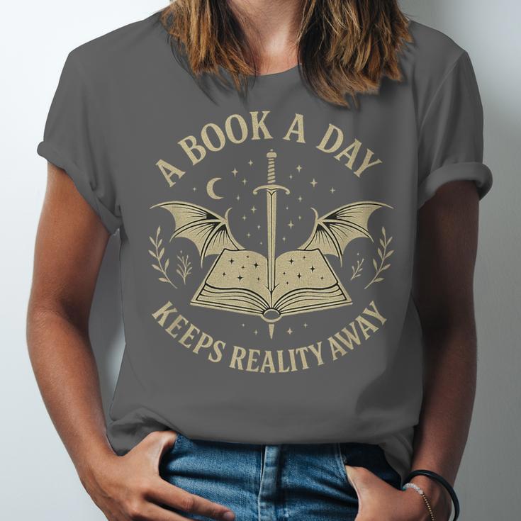 A Book A Day Keeps Reality Away Reading Escape Quote Unisex Jersey T-Shirt A Book A Day Keeps Reality Away Reading Escape Quote Unisex Jersey T-Shirt