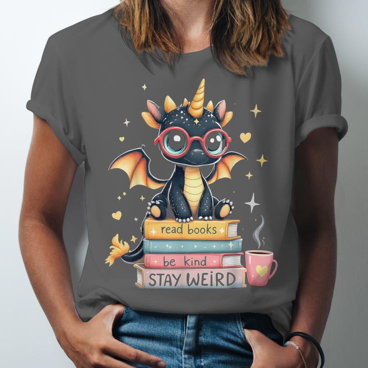 Book Lover Chibi Dragon With Big Red Glasses Bookworm Unisex Jersey T-Shirt