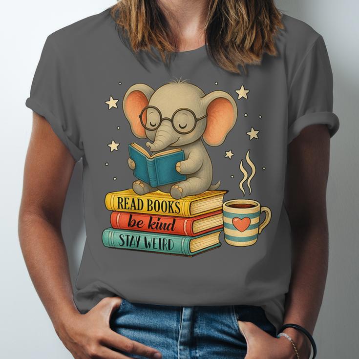 Book Lover Elephant Reading Books Library Read Books Be Kind Unisex Jersey T-Shirt