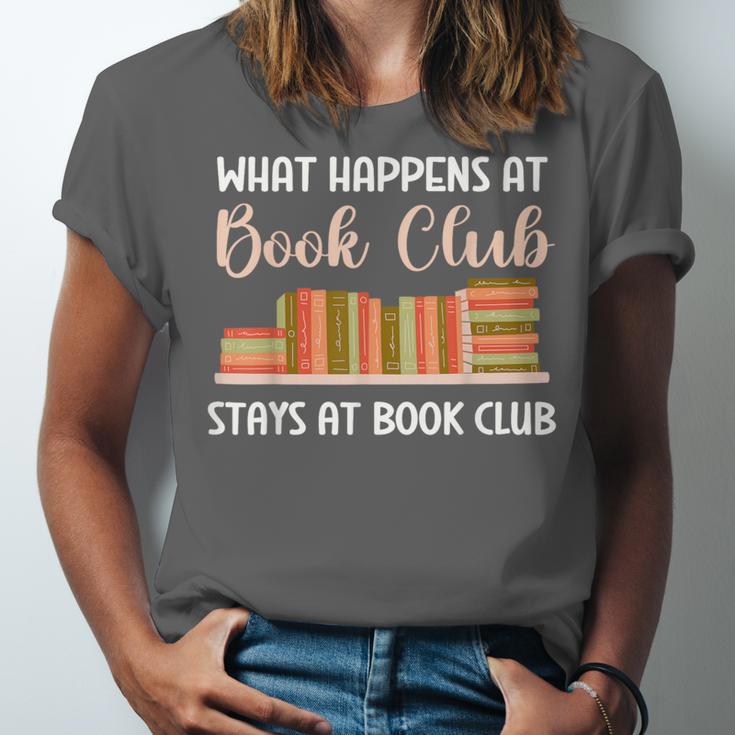 Book Lover Humor What Happens At Book Club Stays Unisex Jersey T-Shirt Book Lover Humor What Happens At Book Club Stays Unisex Jersey T-Shirt