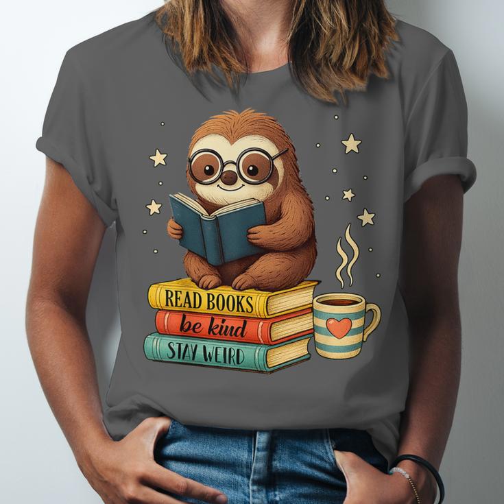 Book Lover Sloth Reading Bookish Library Read Books Be Kind Unisex Jersey T-Shirt