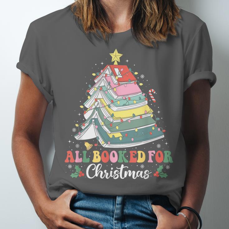 All Booked For Christmas Book Tree Lights Christmas Library Unisex Jersey T-Shirt