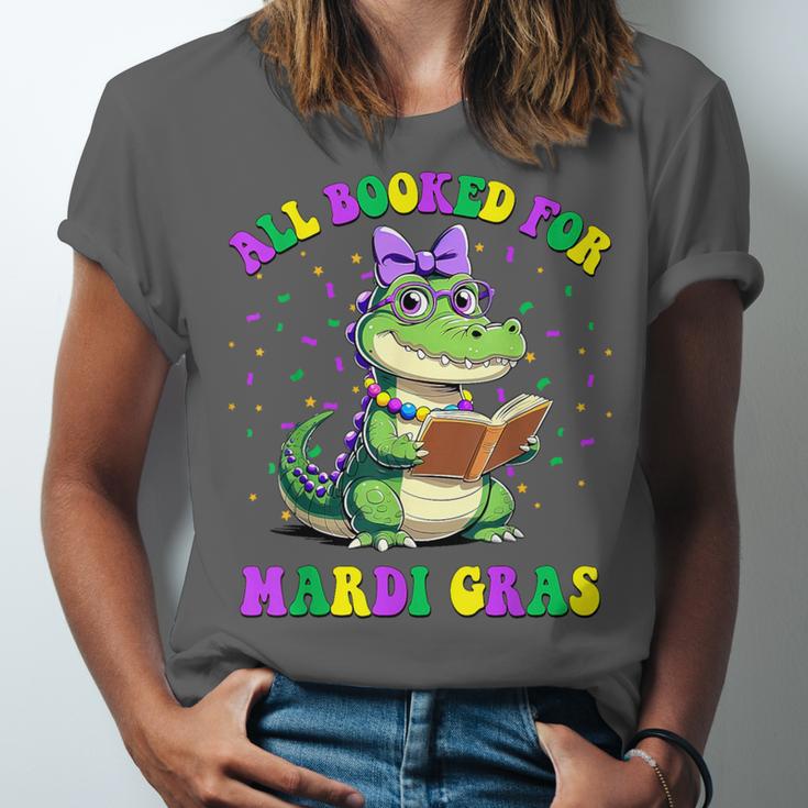 All Booked For Mardi Gras Crocodile Reading Book Teacher Unisex Jersey T-Shirt