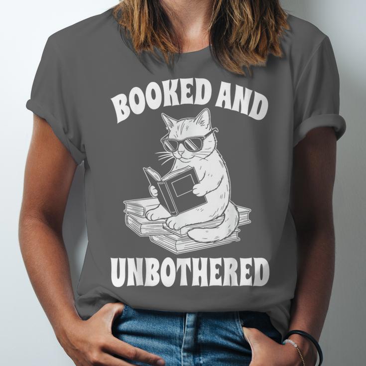 Booked And Unbothered Cat Reading Book Lovers Unisex Jersey T-Shirt