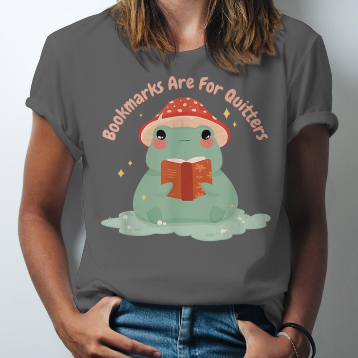 Bookmarks Are For Quitters Frog Reading Book Graphic Unisex Jersey T-Shirt Bookmarks Are For Quitters Frog Reading Book Graphic Unisex Jersey T-Shirt