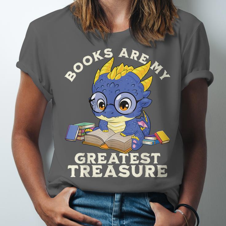 Books Are My Greatest Treasure Kawaii Dragon Reading Books Unisex Jersey T-Shirt
