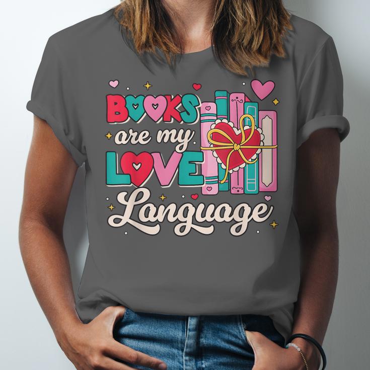 Books Are My Love Language Valentines Book Lover Librarian Unisex Jersey T-Shirt Books Are My Love Language Valentines Book Lover Librarian Unisex Jersey T-Shirt
