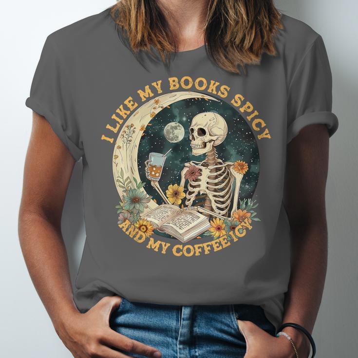 I Like My Books Spicy & My Coffee Icy Skeleton Read Book Unisex Jersey T-Shirt