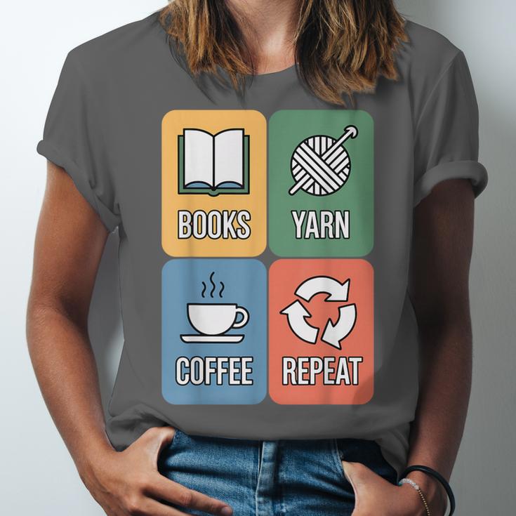 Books Yarn Coffee Repeat Crocheting Unisex Jersey T-Shirt