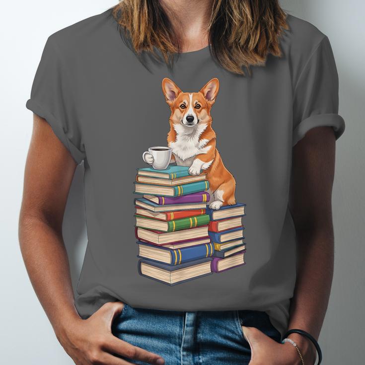 Bookworm Corgi Reading Books Drinking Coffee Dog Lover Unisex Jersey T-Shirt Bookworm Corgi Reading Books Drinking Coffee Dog Lover Unisex Jersey T-Shirt