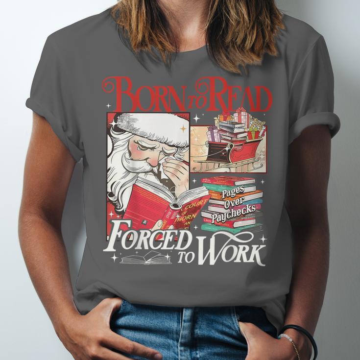 Born To Read Forced To Work Santa Christmas Book Lover Retro Unisex Jersey T-Shirt