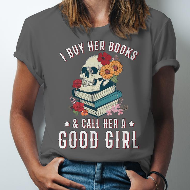 I Buy Her Books Call Her A Good Girl Book Lover Skull Unisex Jersey T-Shirt