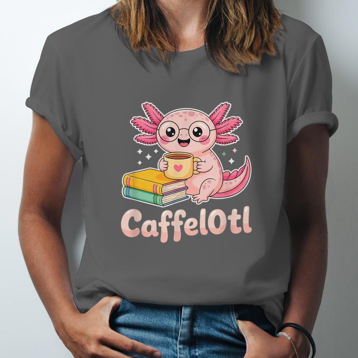 Caffelotl Cute Axolotl Pun Coffee Book Lover Kawaii Humor Unisex Jersey T-Shirt