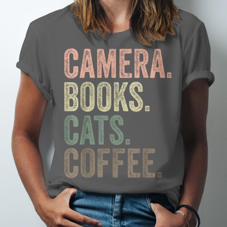 Camera Books Cats And Coffee Lover Photography Men Women Unisex Jersey T-Shirt