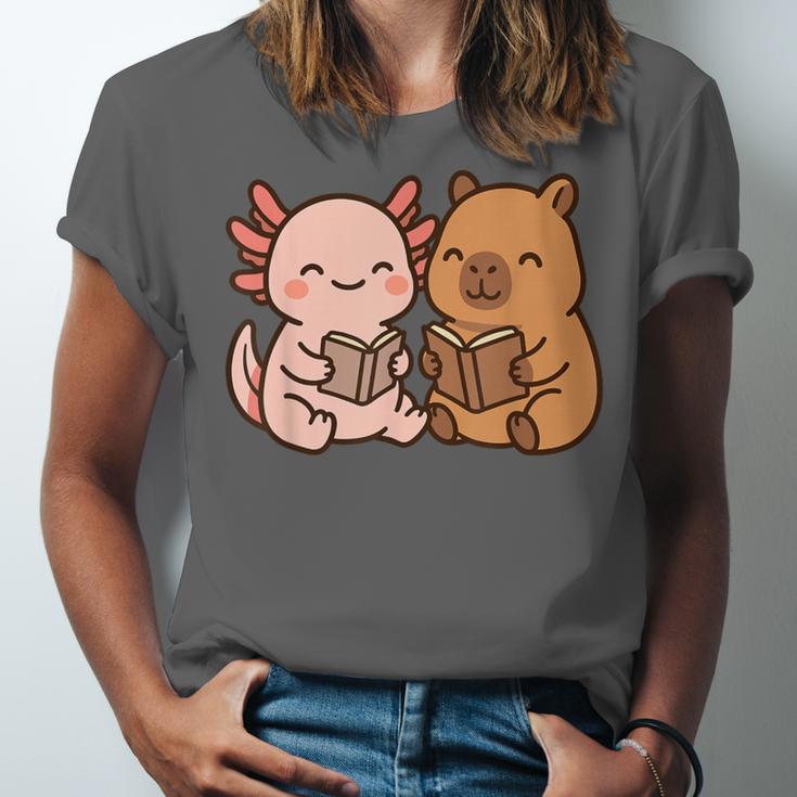 Capybara Axolotl Kawaii Kids Anime Book Lover Reading Unisex Jersey T-Shirt Capybara Axolotl Kawaii Kids Anime Book Lover Reading Unisex Jersey T-Shirt