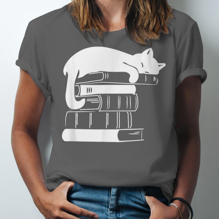 Cat Book Books And Cats Cat Lover Cat Mom Book Lovers Unisex Jersey T-Shirt